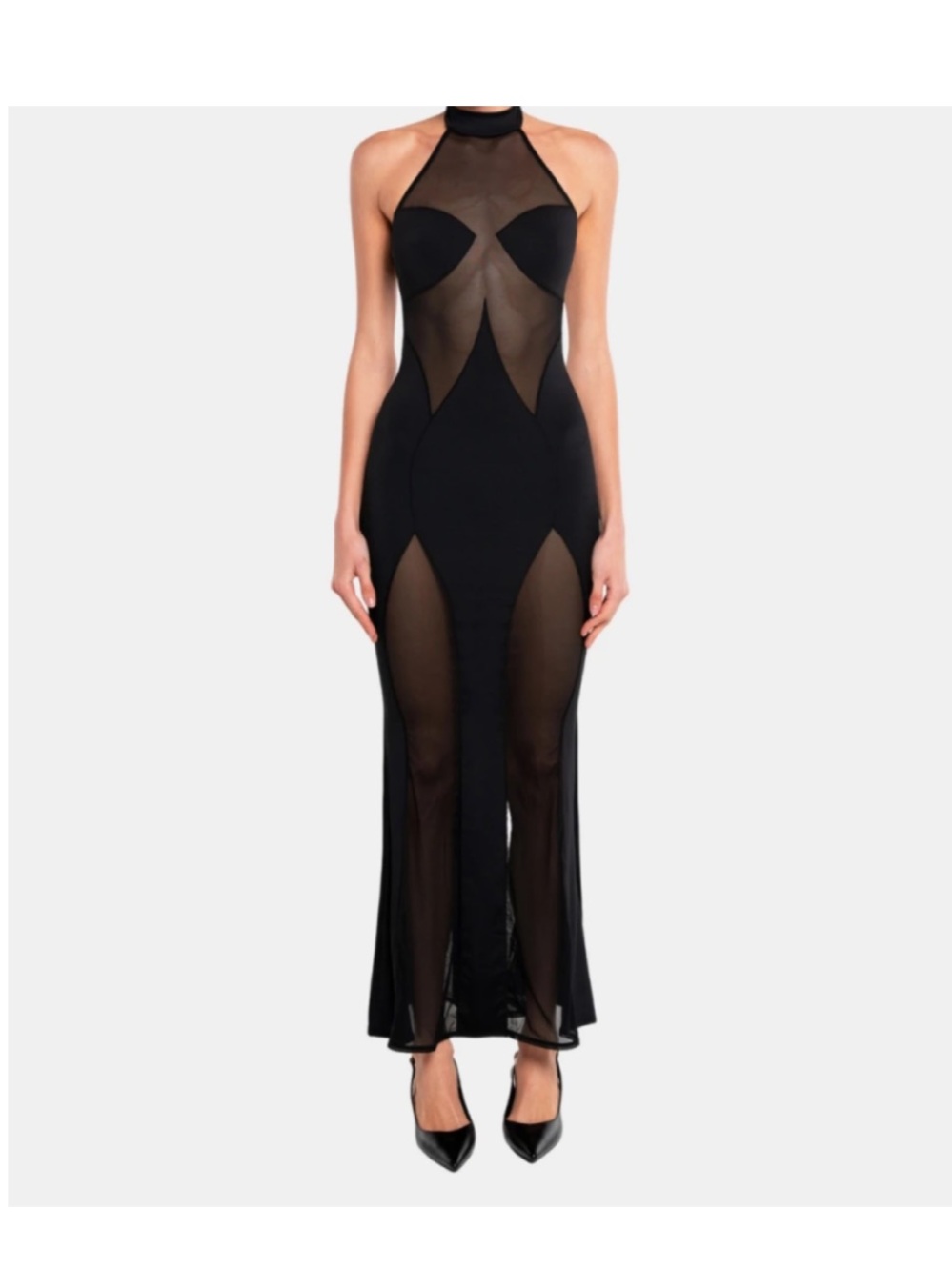NWT OW Collection Black Sheer Mesh Panel Halter Cutout Maxi Dress